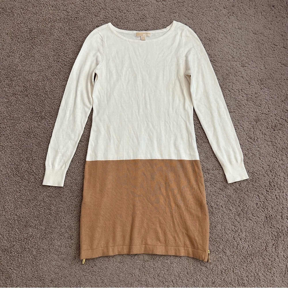 Michael Kors White Tan Gold Tone Zip Sweater Dress Womens S